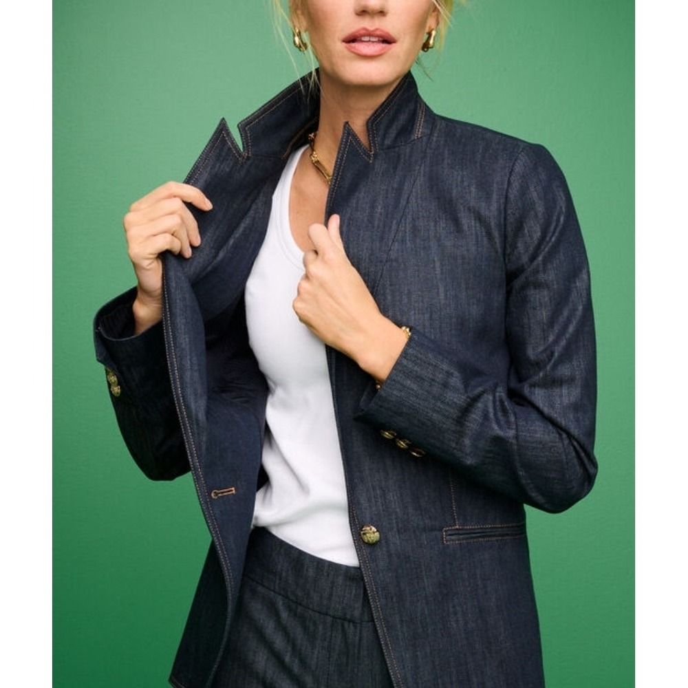 Talbots Womens 4P NWT Denim Blazer Gold Button Dark Wash Petite Preppy Office